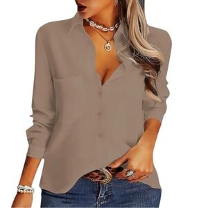 AISEW Button Down Shirt, Long/Sleeve Collared Blouse,‎ Color Khaki, Large